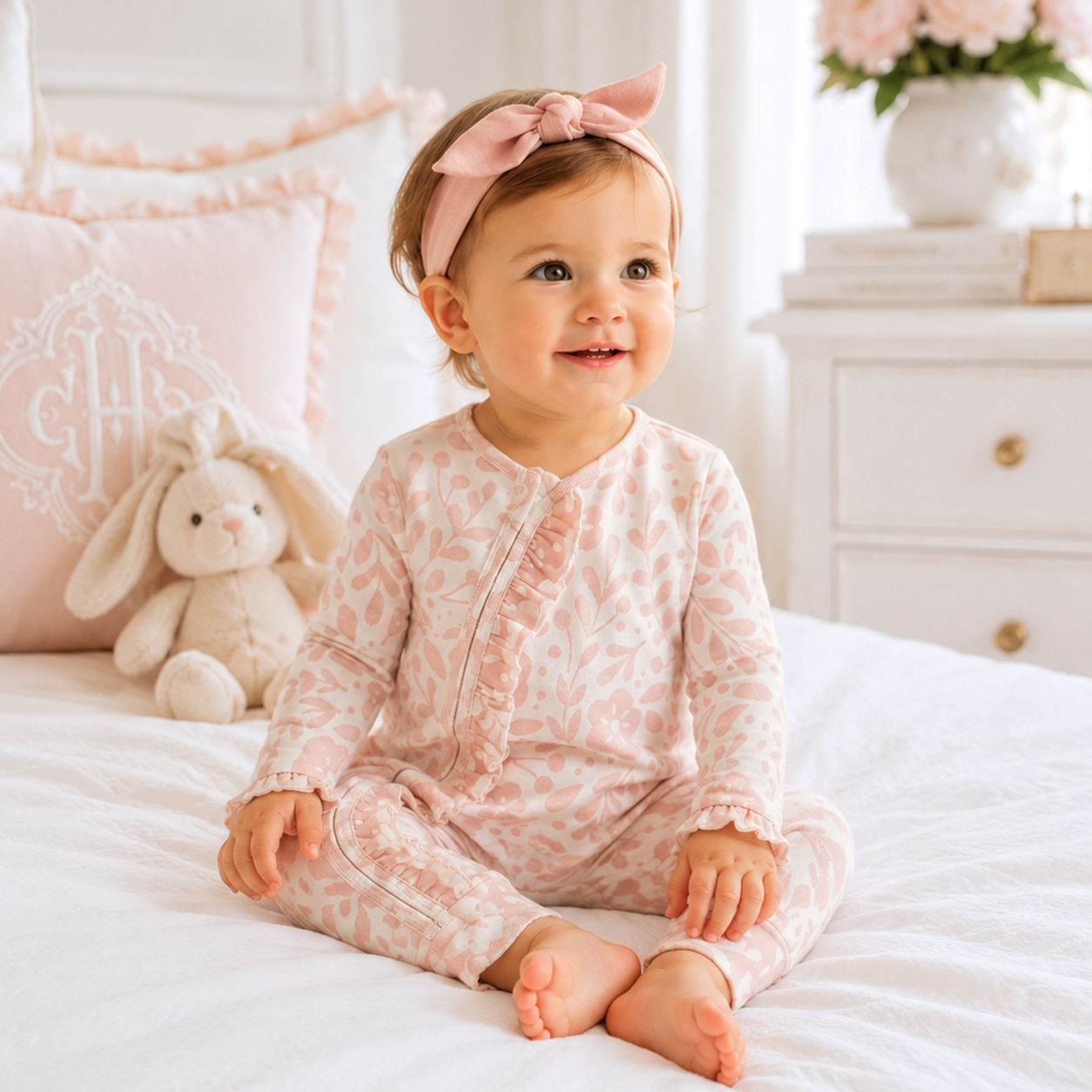 Floral Baby Girl Romper – Soft Cotton Zipper Pink One-Piece