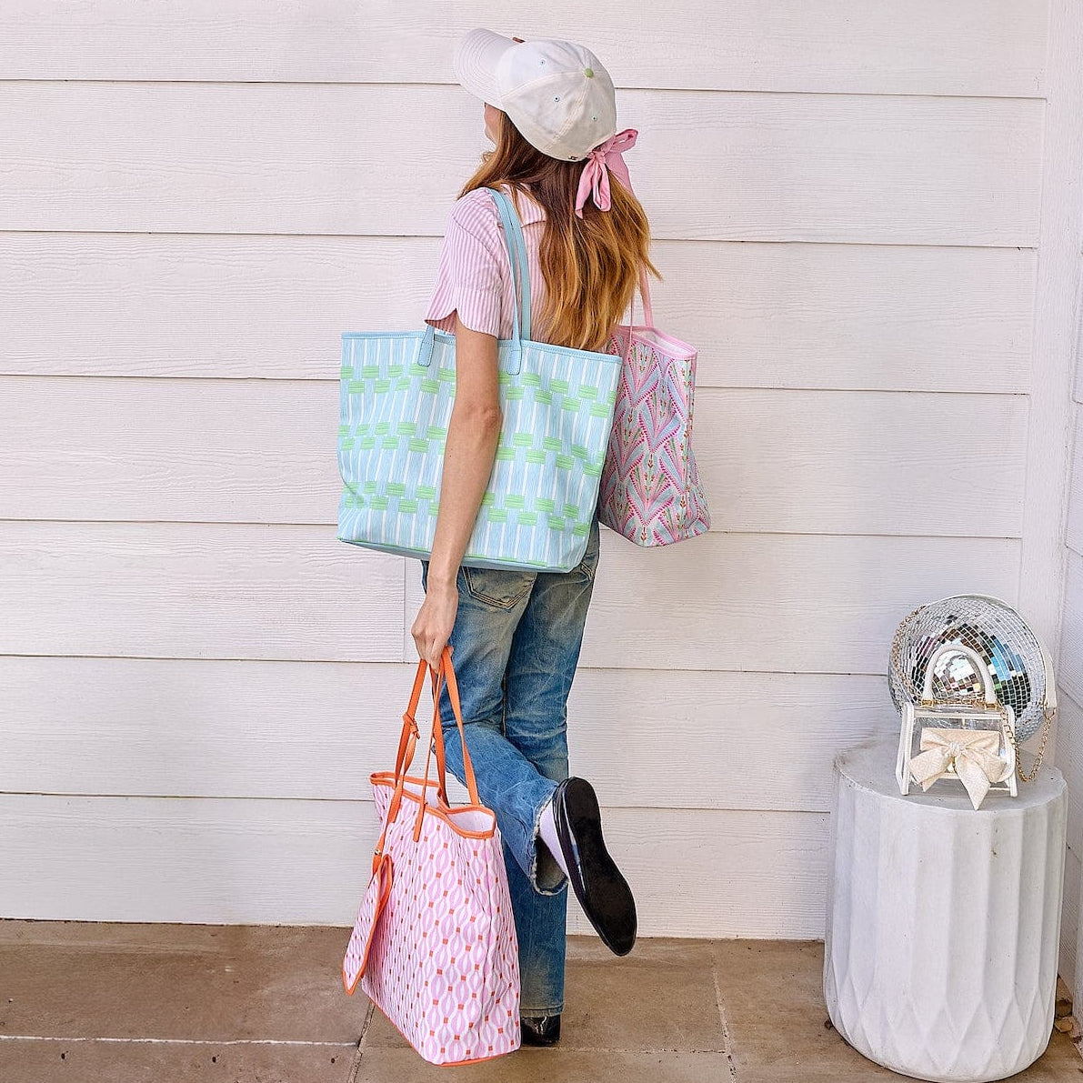 Blue Lattice Oversized Tote with Wallet