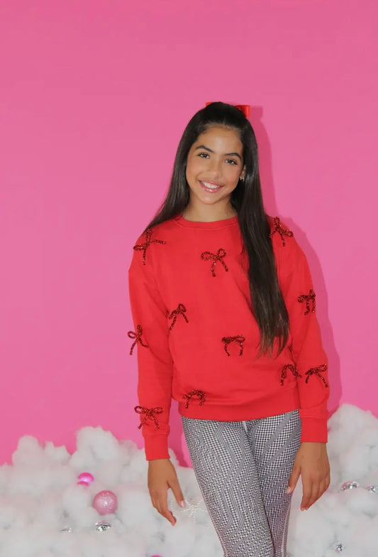 Red Bow Appliqué Christmas Sweatshirt – Tween Girl Fleece Pullover