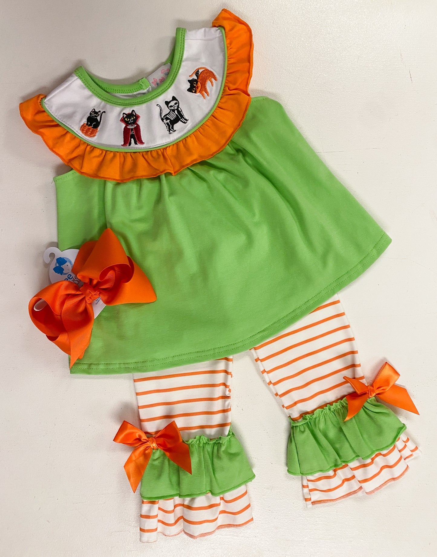 Green Halloween Cat Embroidery Girl Pant Set