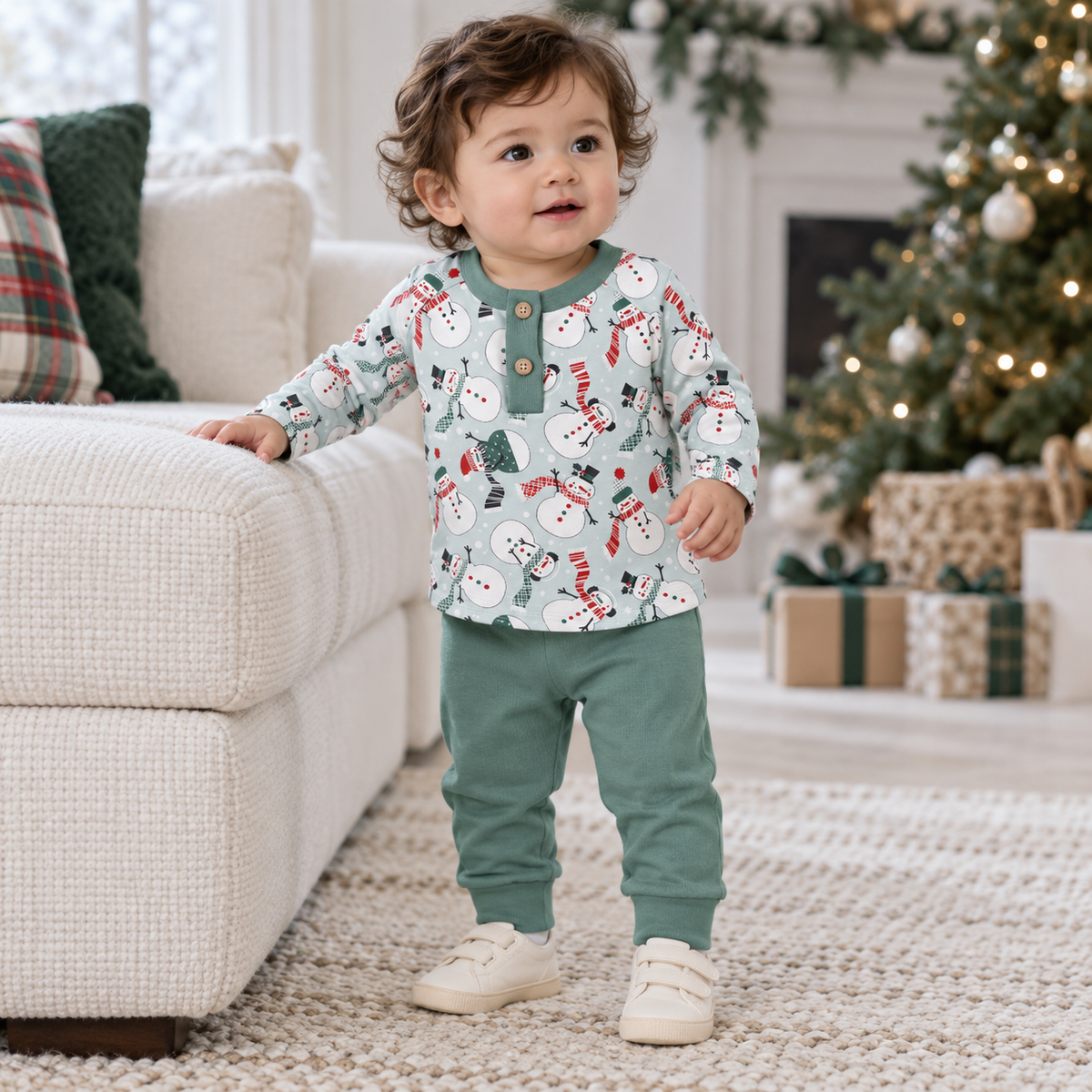 Christmas Snowmen Baby Boy's Bamboo Henley Top & Pants