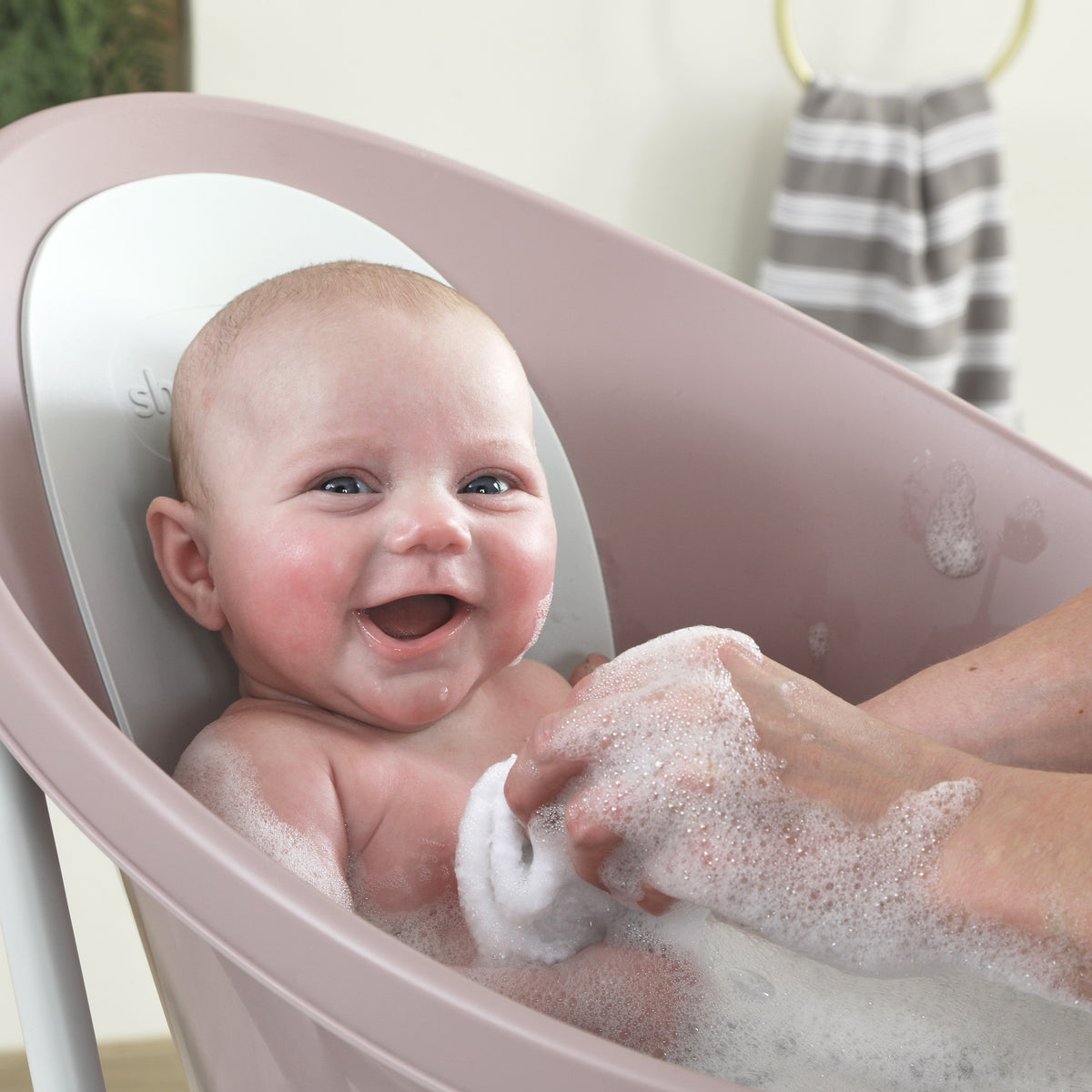Baby Bathtime Essentials Bundle | Newborn Baby Bath with Support, Rinse Jug, and Ellie Bath Toy Scoop - Taupe