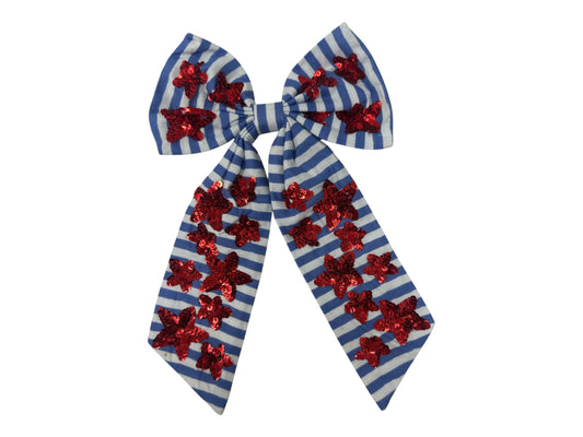 Striped Bow - Blue and White Stripe with Red Sequin Stars