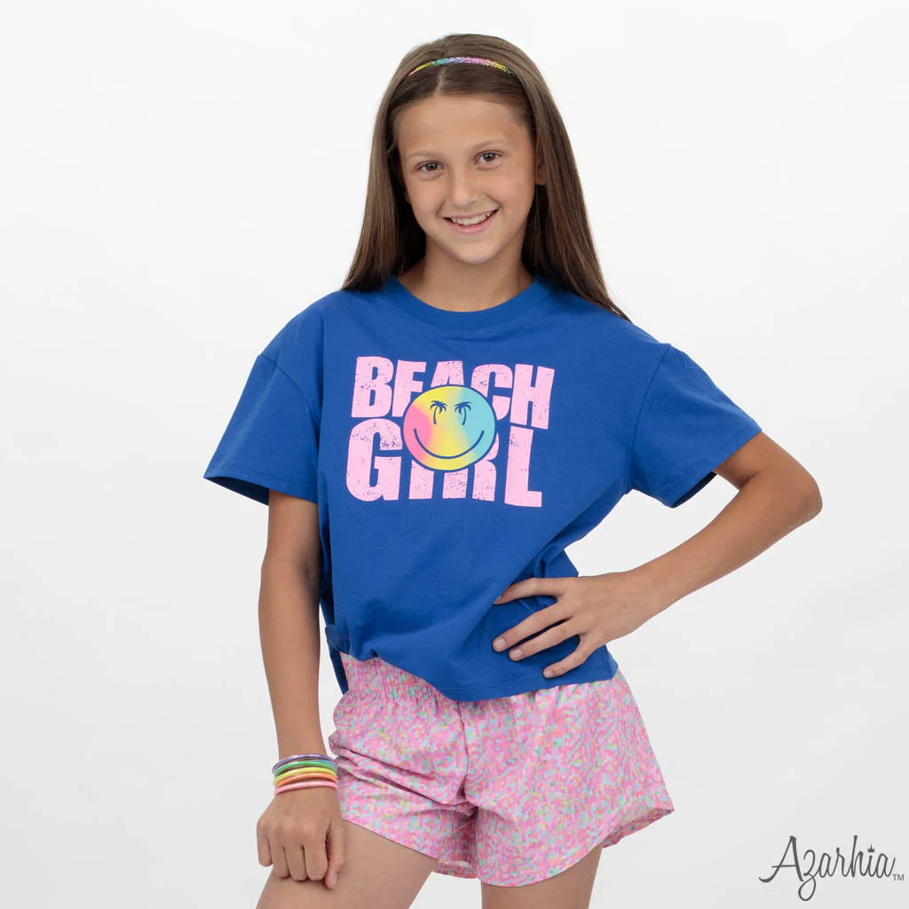 Beach Girl Screen Print on Royal Boxy T