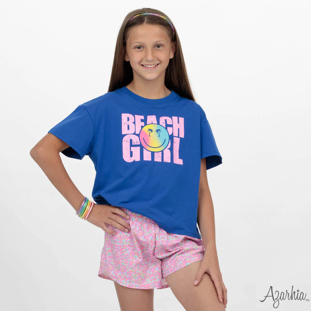 Beach Girl Screen Print on Royal Boxy T