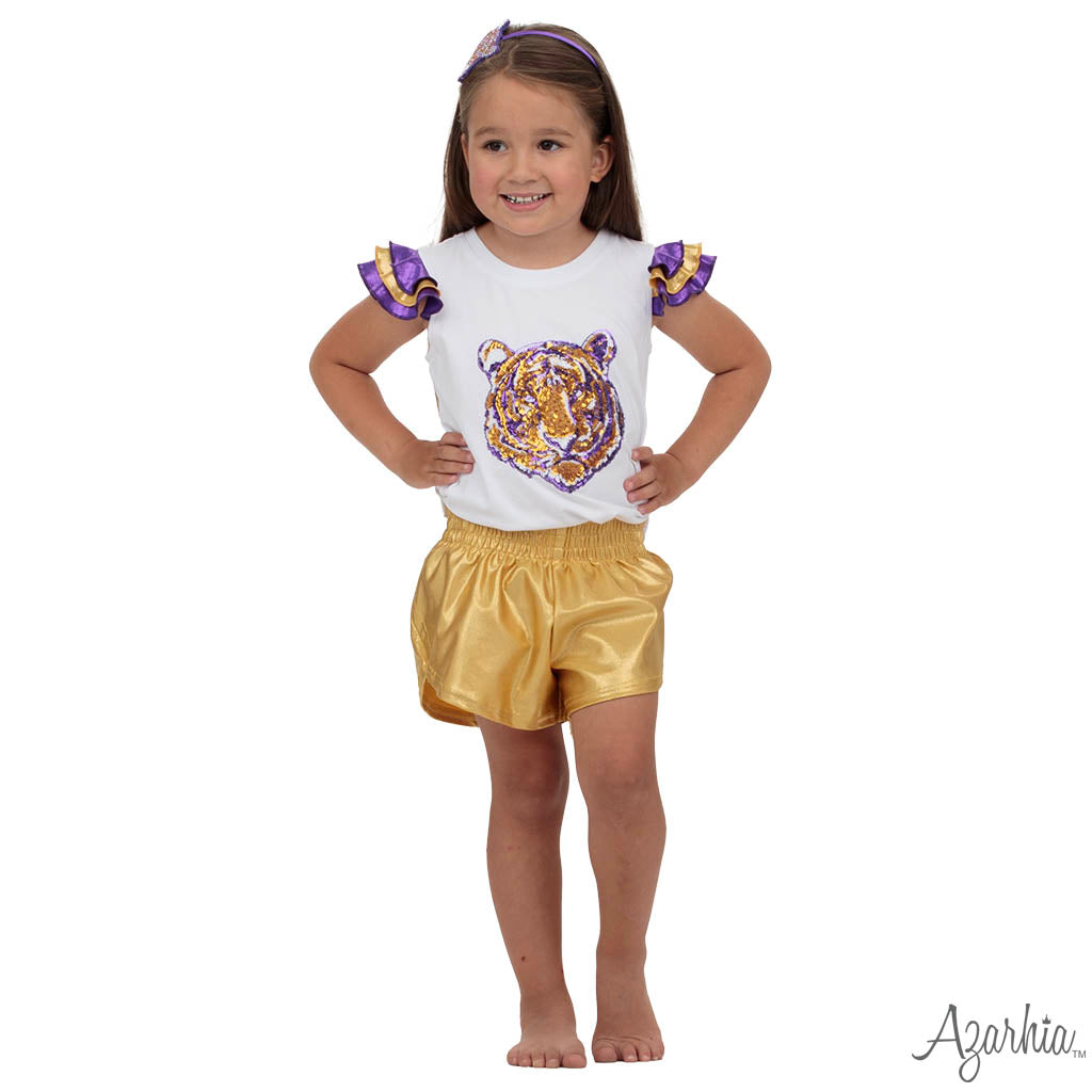 Shimmer Ruffle Sleeve Tiger Sequin Tee – Purple & Gold Game Day Top