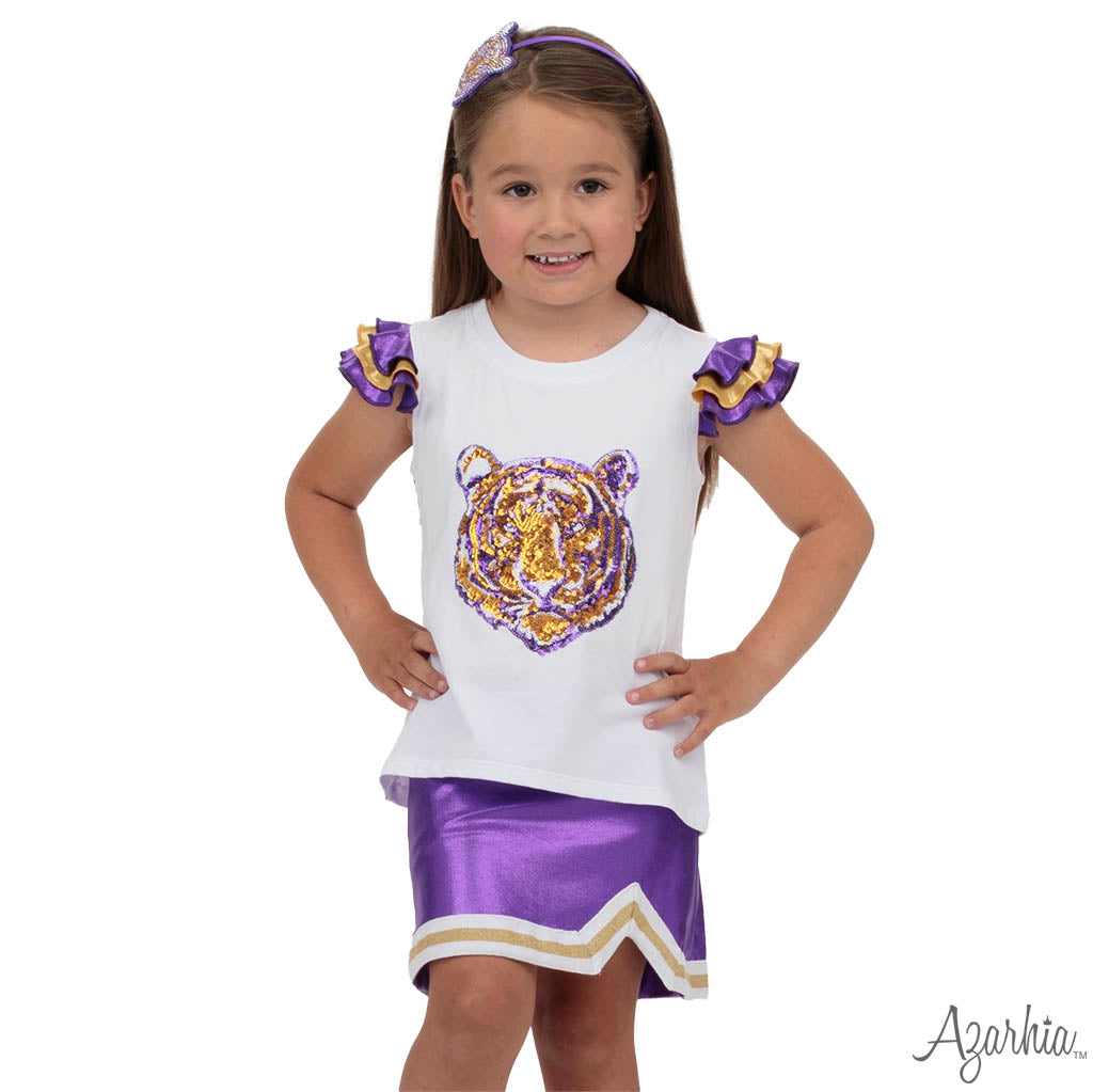 Shimmer Ruffle Sleeve Tiger Sequin Tee – Purple & Gold Game Day Top