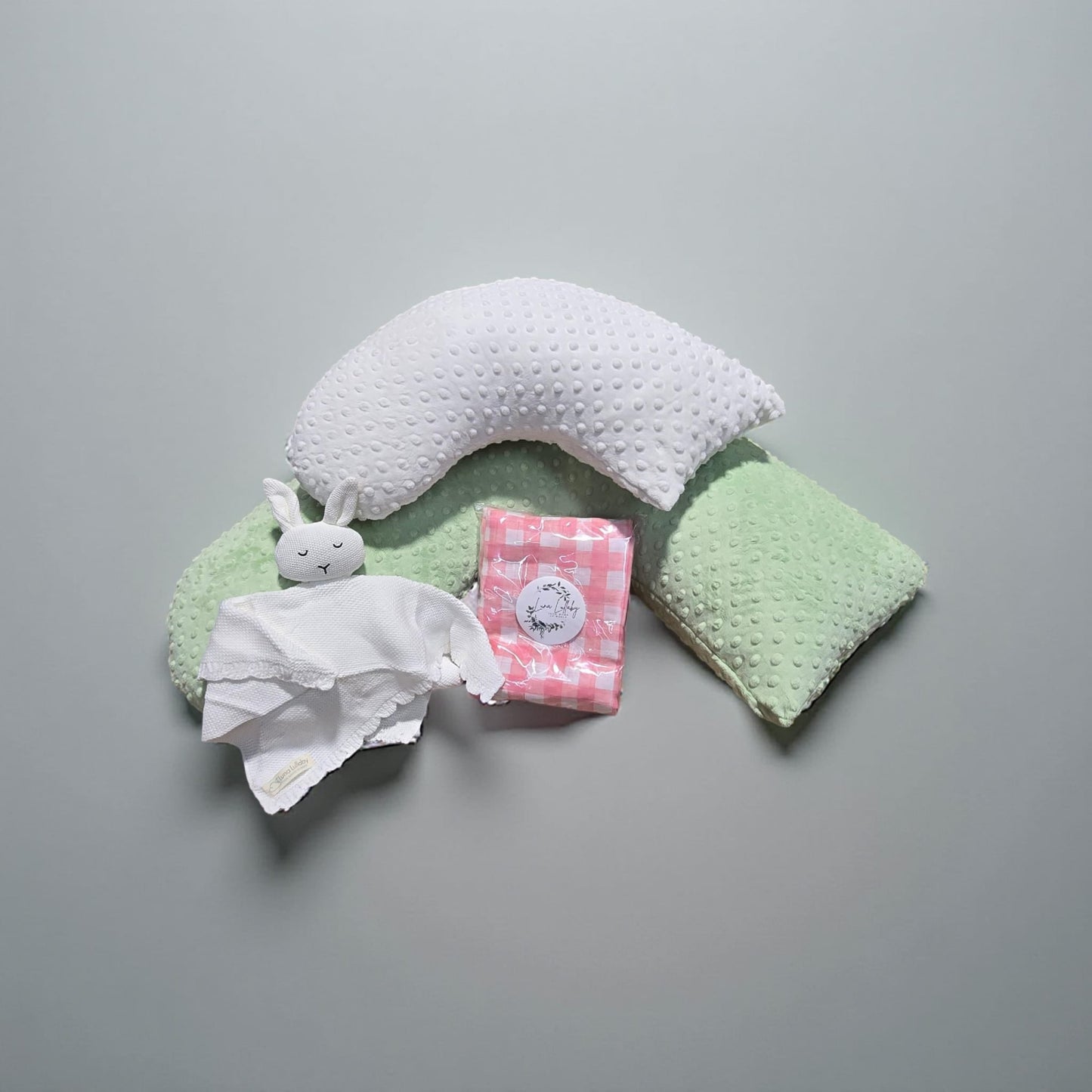 Baby Essentials Gift Set #3 - Large Bundle (Sage Dot) | Award-Winning Nursing Pillow, Swaddle & More | Luna Lullaby