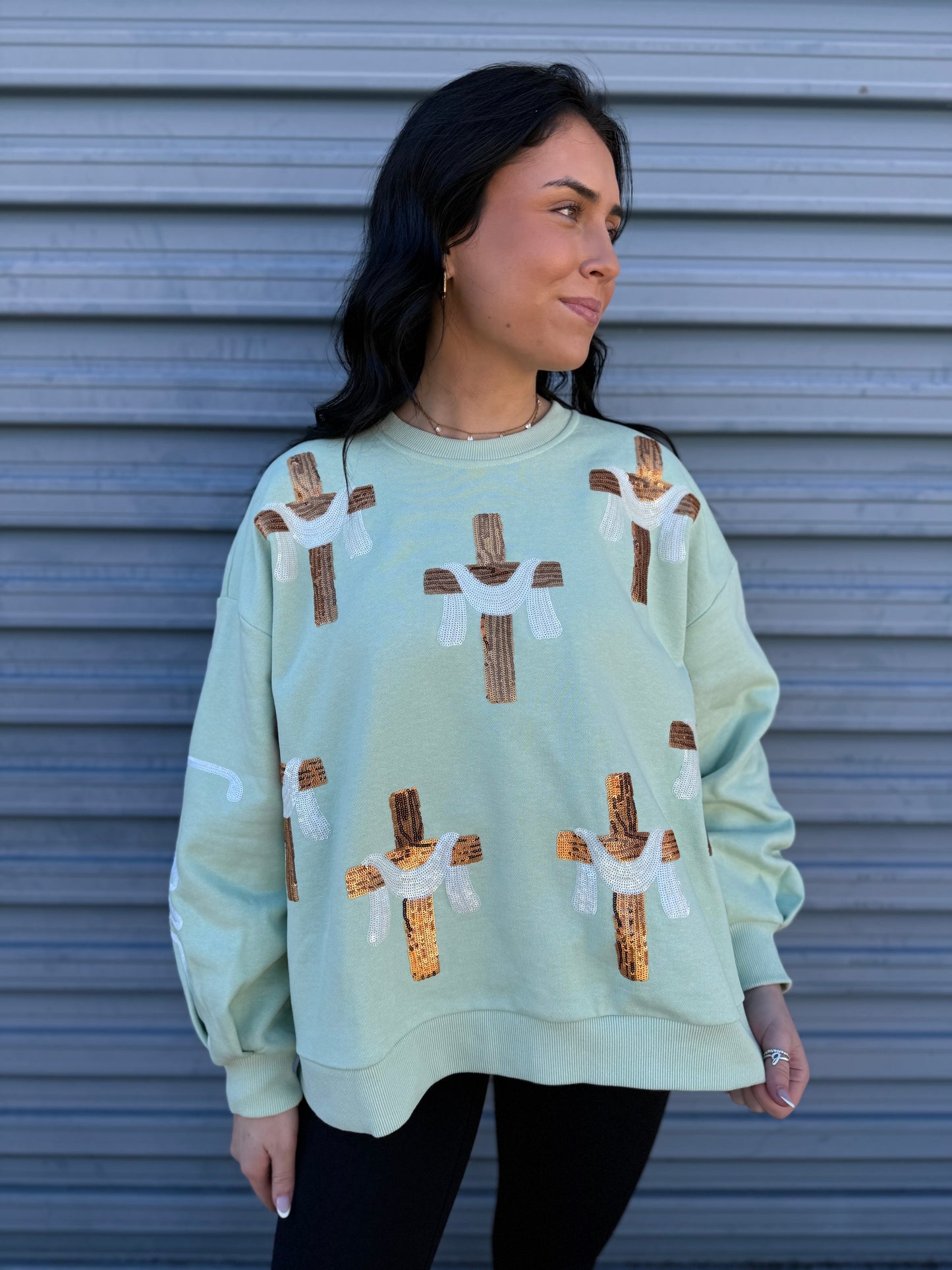 Victory over death cross sequin pullover