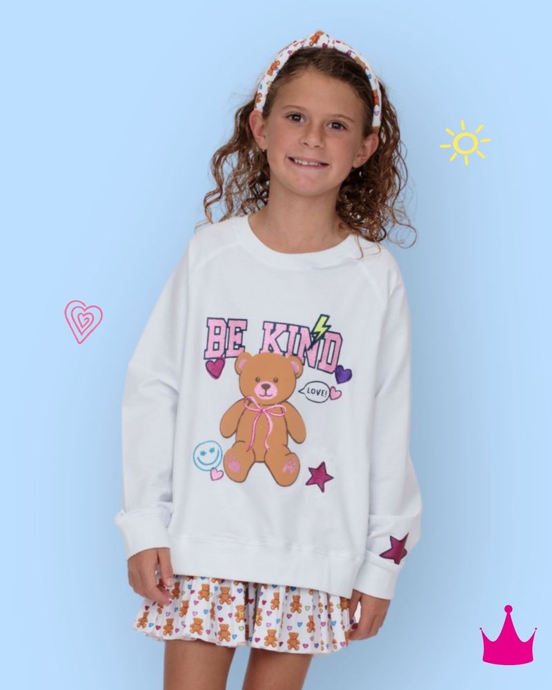 Azarhia Glitter Be Kind Teddy Oversized White Sweatshirt | Girls Boutique Pullover | Bossier City, LA