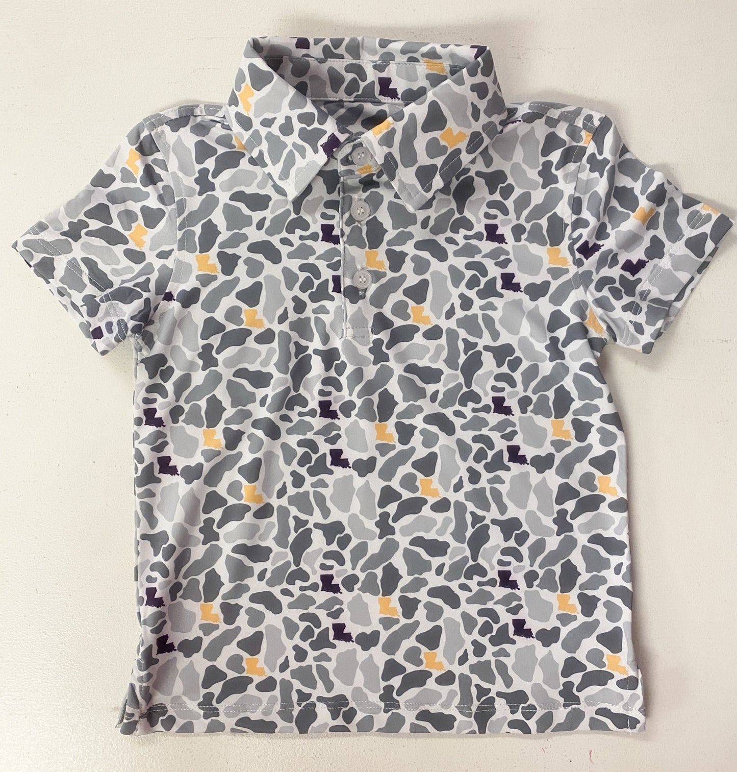 Boys Louisiana Camo Performance Polo | Purple & Gold LSU Gameday Shirt