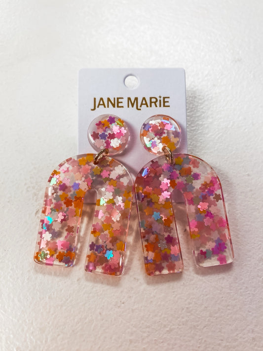 Confetti Acrylic Drop Earrings – Pink Glitter Arch Statement Earrings