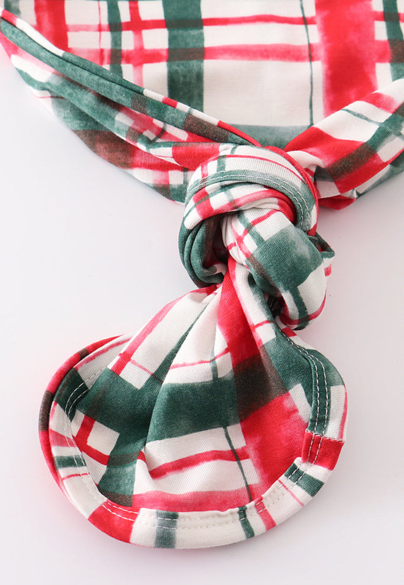 Christmas plaid baby gown with headband (0-3M)