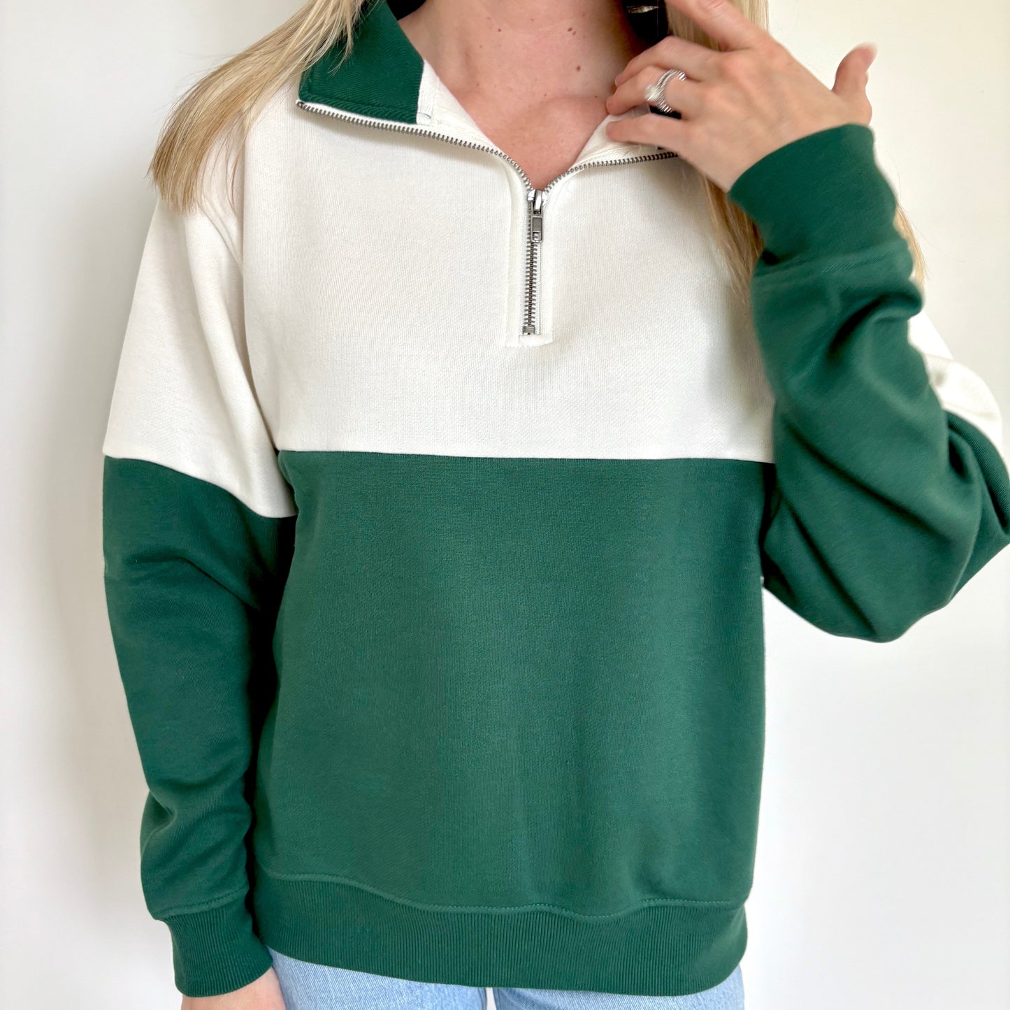 Hunter Green/Cloud Dancer Colorblock Quarter Zip Pullover