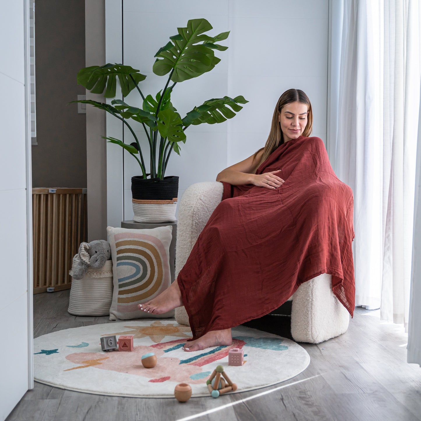 Muslin Swaddle Blankets in Wine, Neptune, Fern, Caramel, 4 Pack