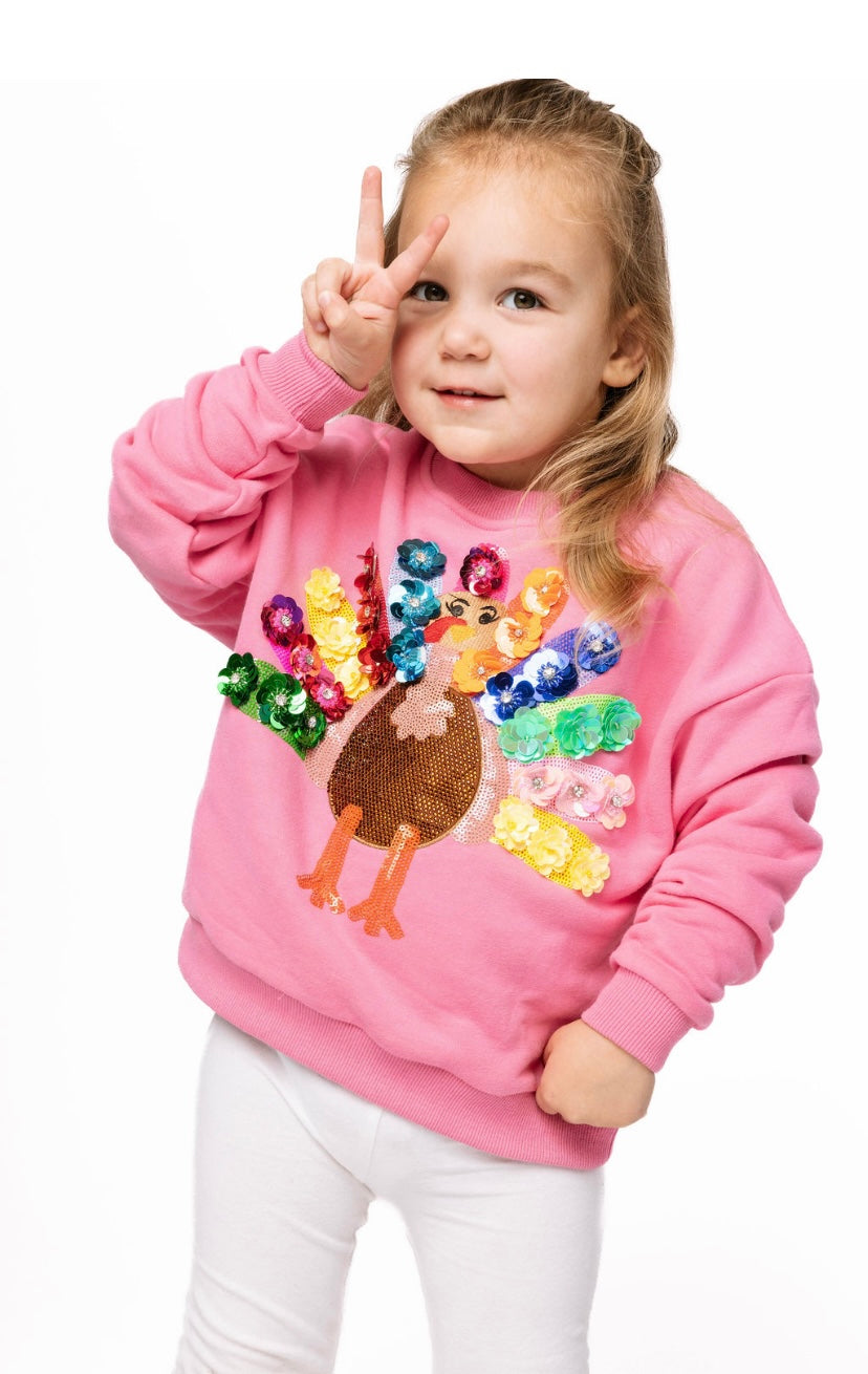 Queen of Sparkles Pink Rainbow Flower Turkey Sweatshirt - Kids