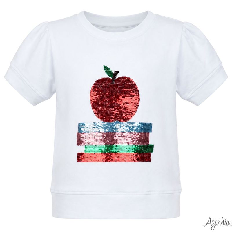Azarhia Sequin Apple White Short Sleeve Holly Sweatshirt for Girls | Back to School Girls Top
