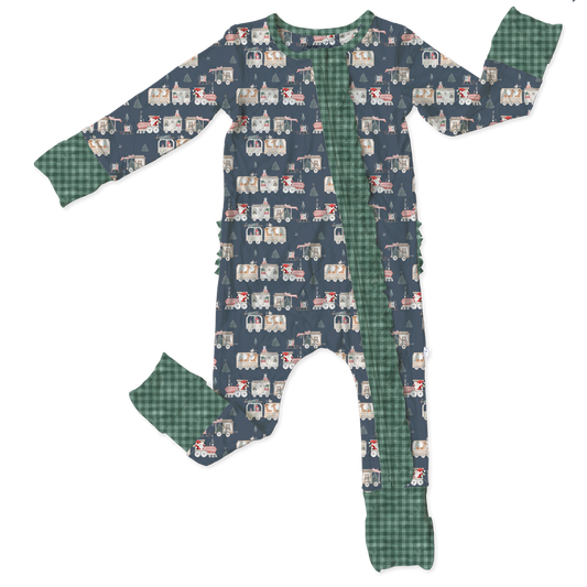 Christmas Trains Bamboo Ruffle Convertible Footie (Pre-Order)