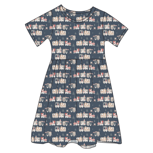 Christmas Train Bamboo Ruffle Spin Dress (Pre-Order)