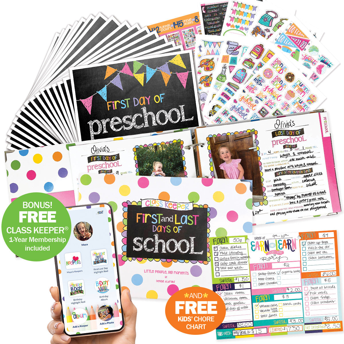 Mom Must-Have School Keepsake Kit | Class Keeper®, Photo Prop Deck & School Stickers | BONUS! App Membership + BONUS! Earn & Learn® Chore Chart Pad | (4) Styles