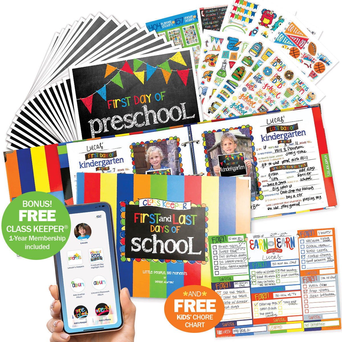 Mom Must-Have School Keepsake Kit | Class Keeper®, Photo Prop Deck & School Stickers | BONUS! App Membership + BONUS! Earn & Learn® Chore Chart Pad | (4) Styles
