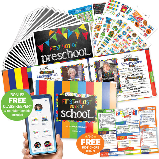 Mom Must-Have School Keepsake Kit | Class Keeper®, Photo Prop Deck & School Stickers | BONUS! App Membership + BONUS! Earn & Learn® Chore Chart Pad | (4) Styles