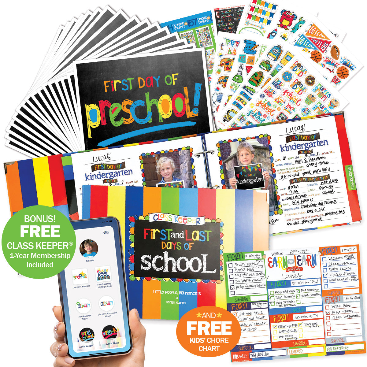 Mom Must-Have School Keepsake Kit | Class Keeper®, Photo Prop Deck & School Stickers | BONUS! App Membership + BONUS! Earn & Learn® Chore Chart Pad | (4) Styles