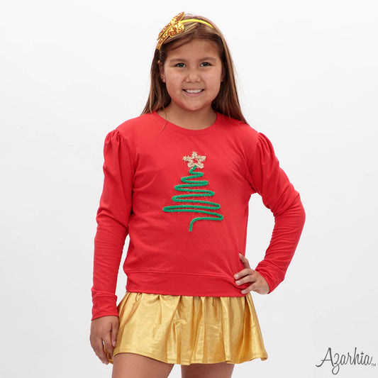 Tinsel Christmas Tree Sweatshirt – Red Holiday Top for Girls