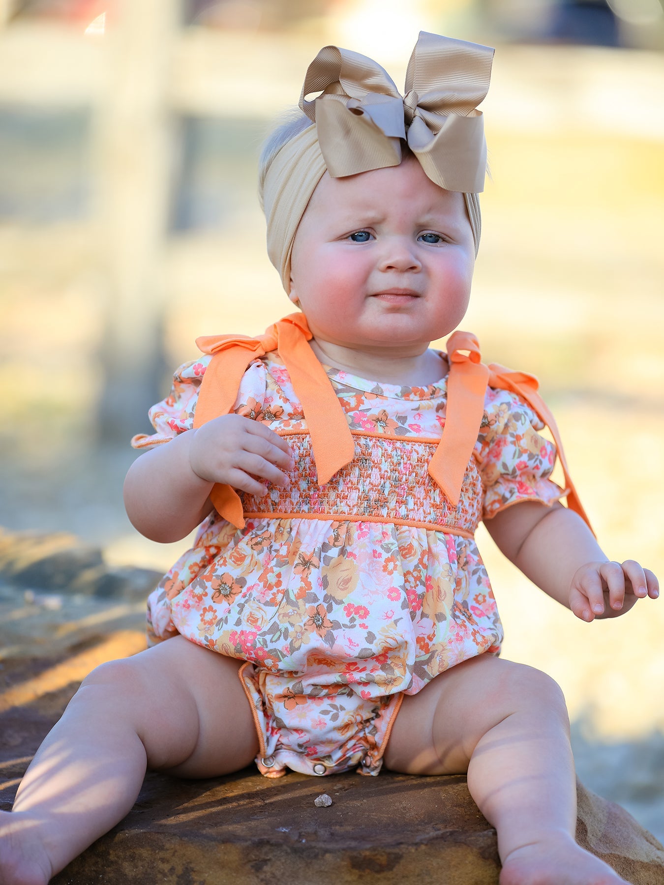 Peach Bow Smocked Floral Baby Bubble