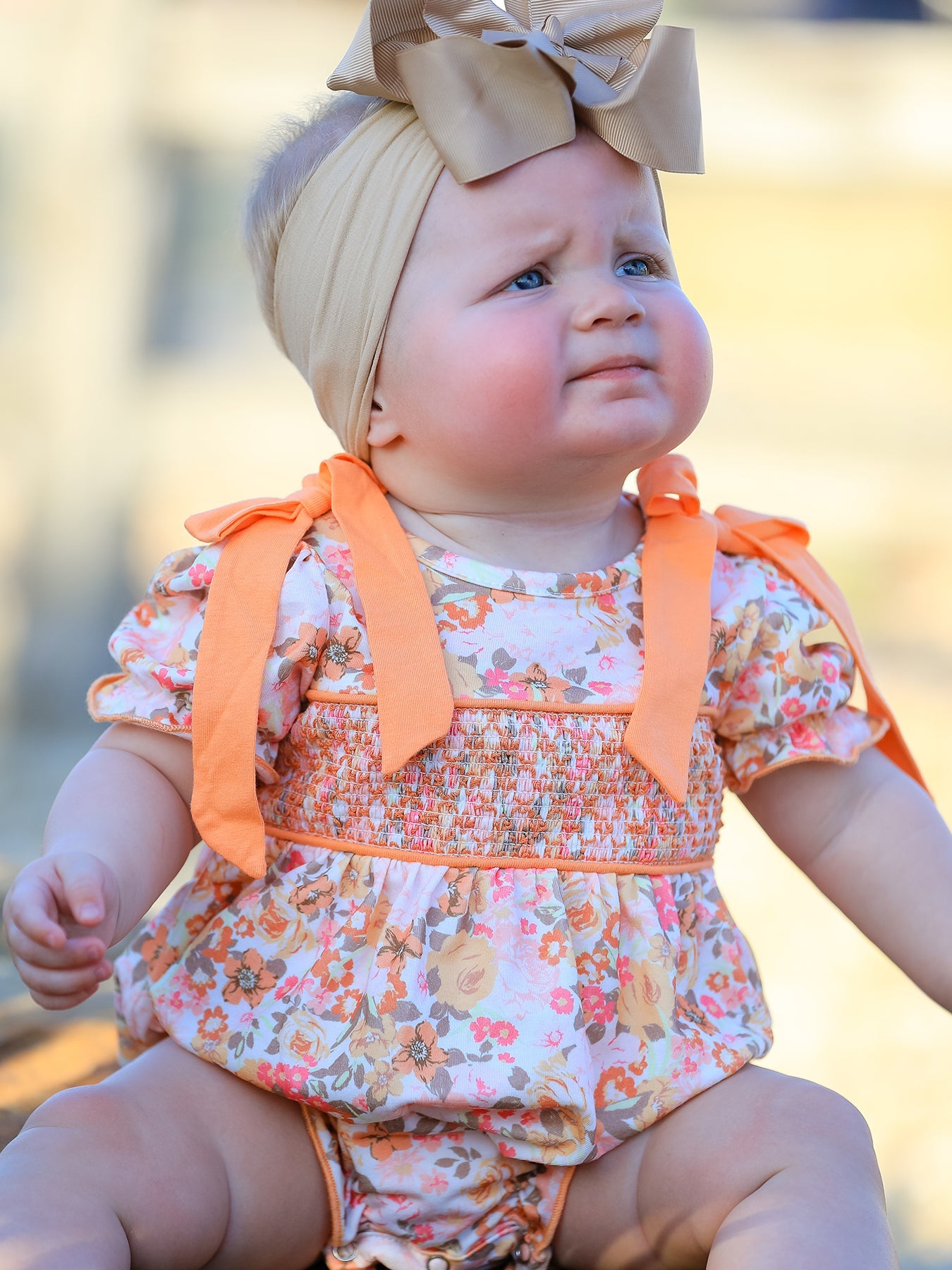 Peach Bow Smocked Floral Baby Bubble