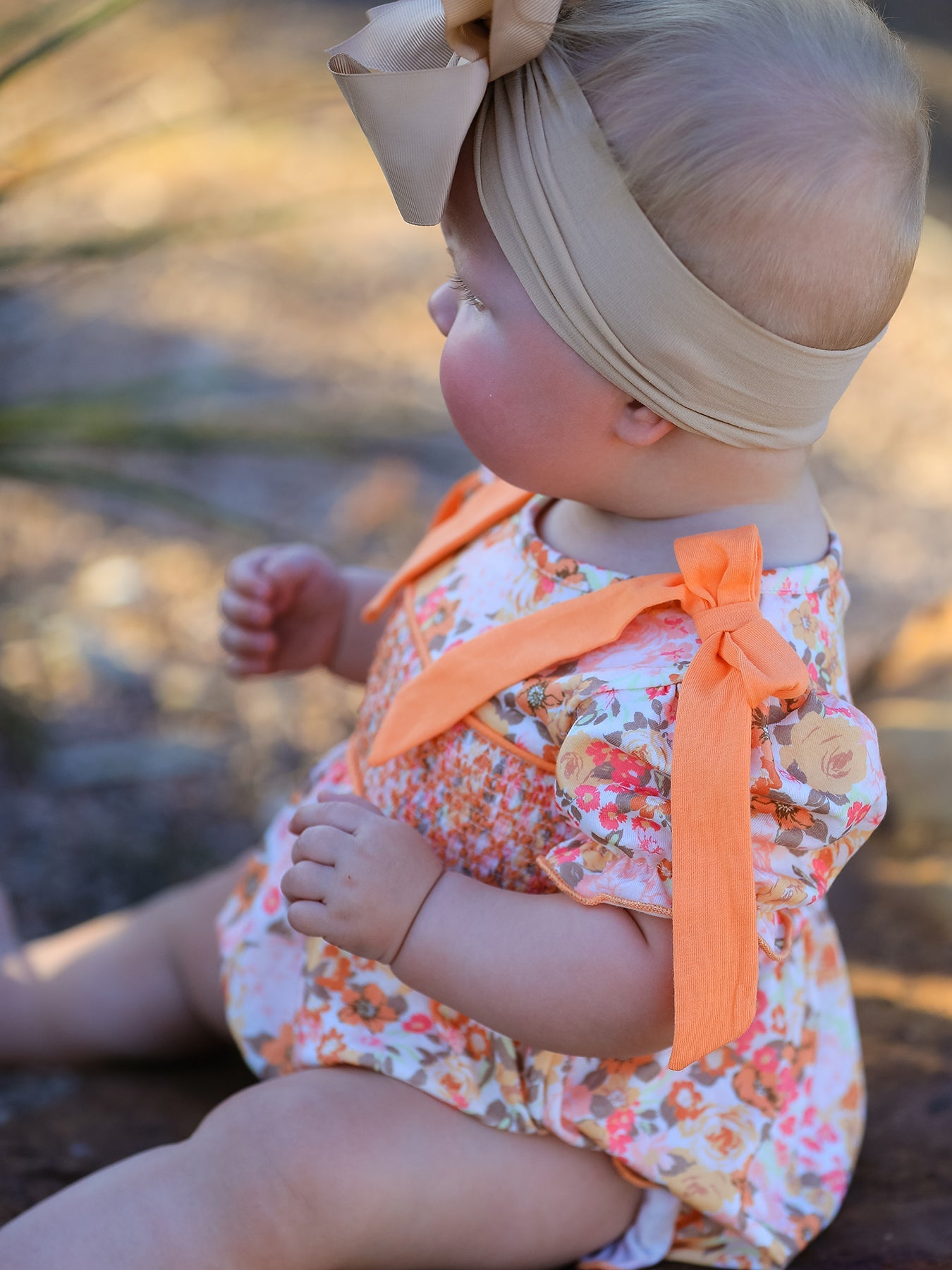 Peach Bow Smocked Floral Baby Bubble