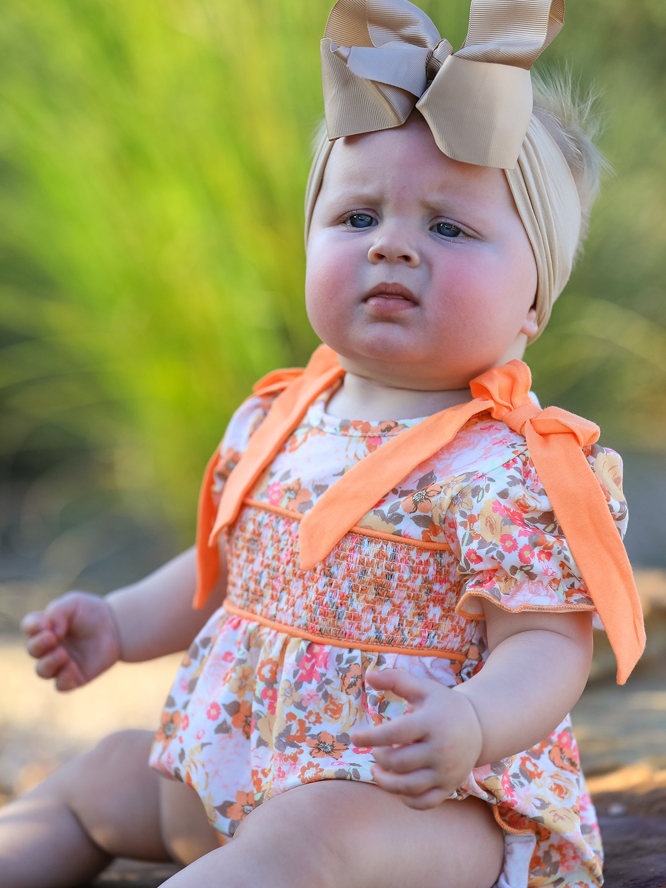 Peach Bow Smocked Floral Baby Bubble