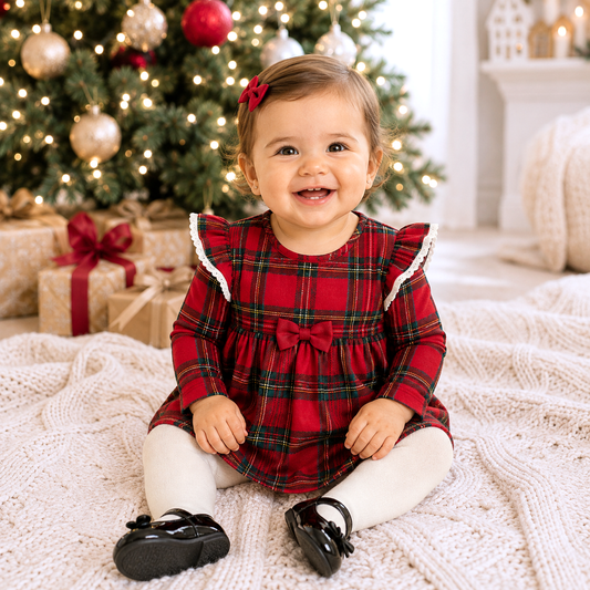 Christmas Bamboo Baby Skirted Bodysuit – Red Tartan Plaid