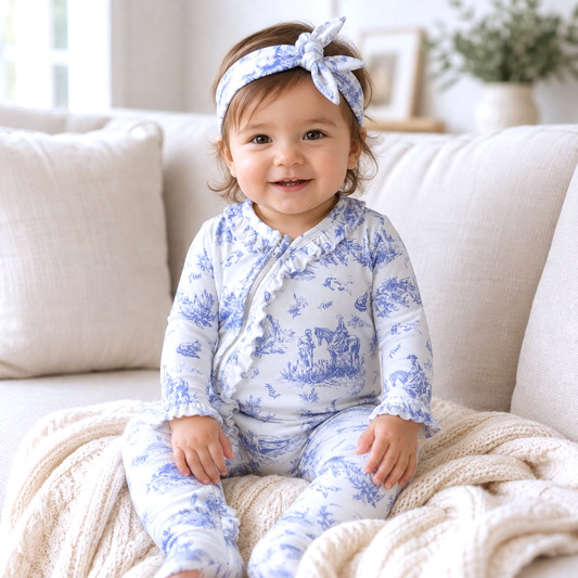 Baby Girl Toile de Jouy Bamboo Zipper Romper - Mommy and Me