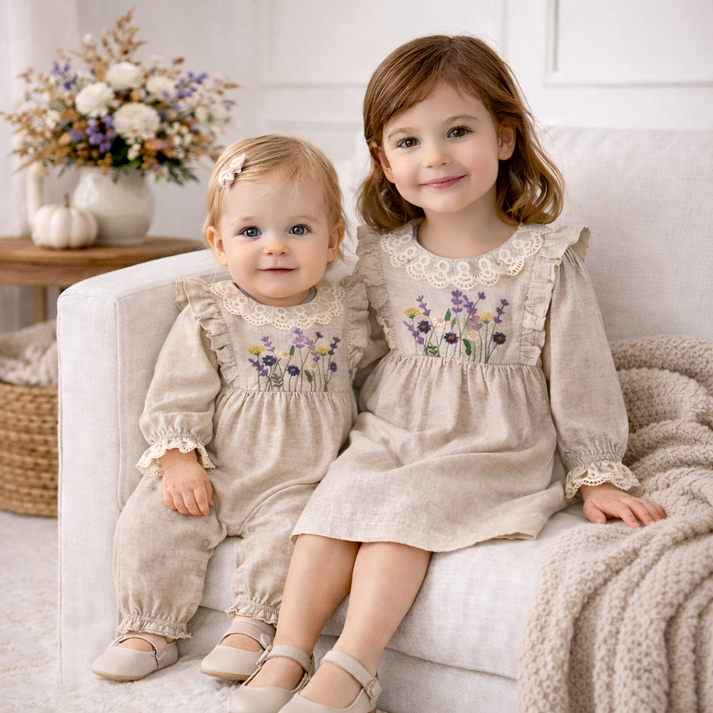 Embroidered Wildflower Linen Dress With Lace Trim