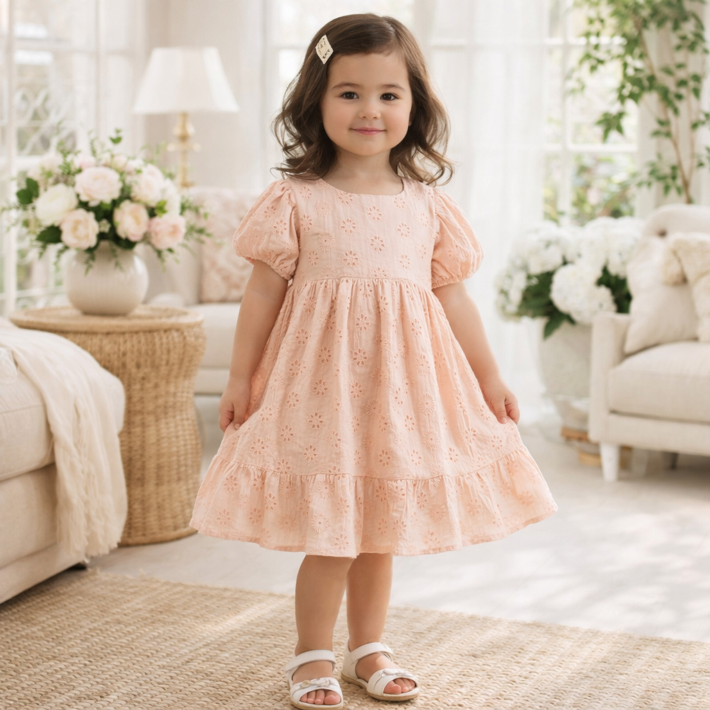 Pink Cotton Eyelet Puff Sleeve Dress