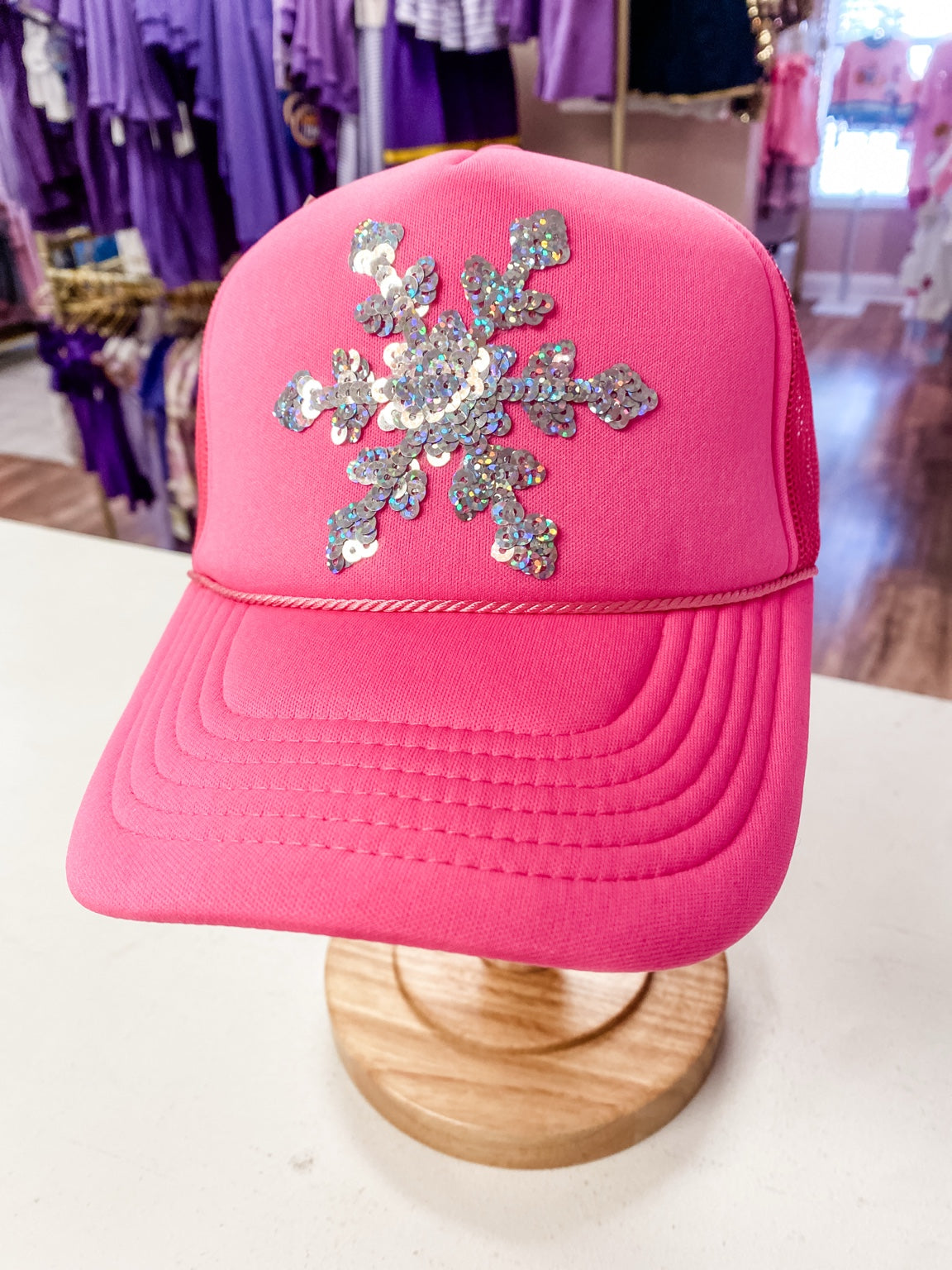 Pink Sequin Snowflake Christmas Trucker Hat – Adult Snapback Cap
