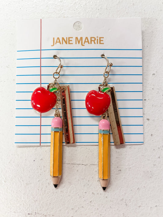 Jane Marie Apple, Pencil & Ruler Teacher Dangle Earrings