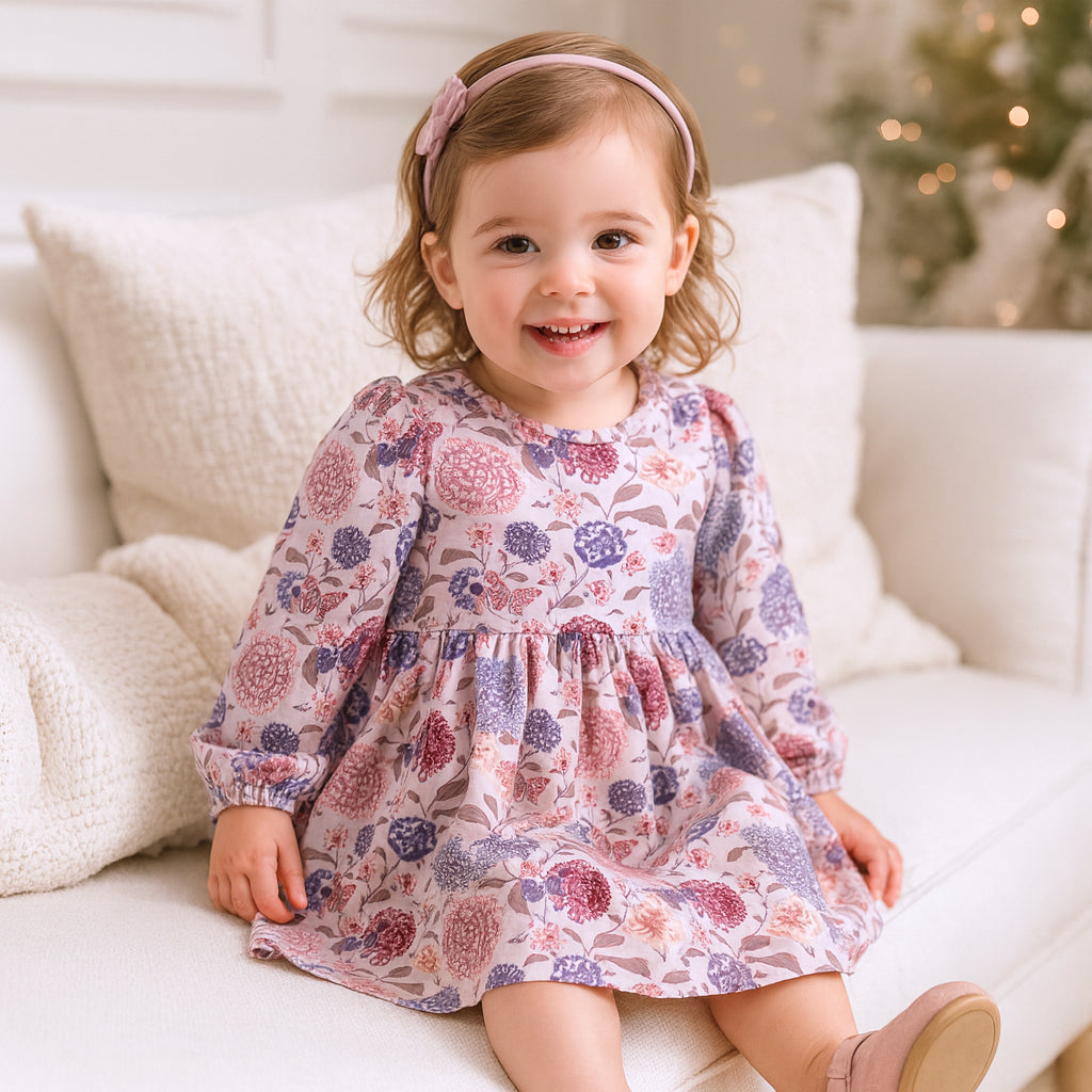 Floral Long Sleeve Girls Dress – Bamboo Cotton Vintage Bloom