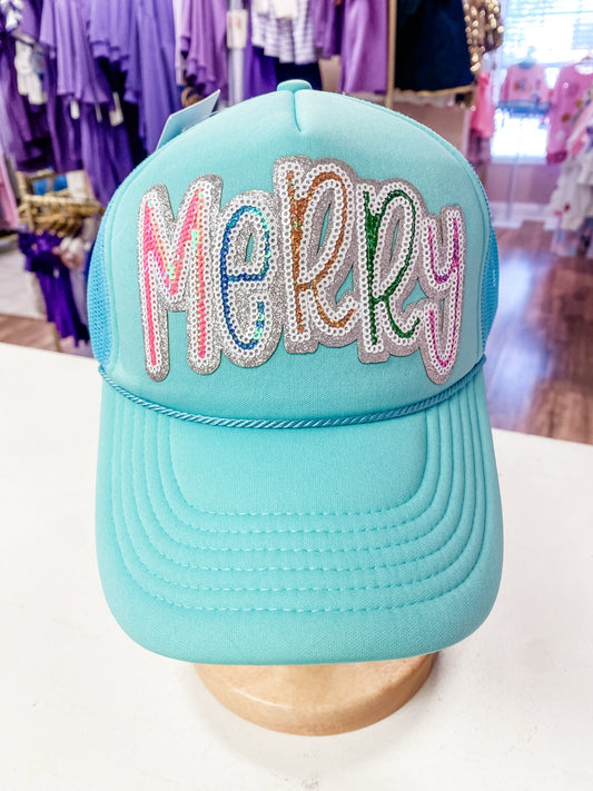 Merry Sequin Christmas Trucker Hat – Turquoise Adult Snapback Cap