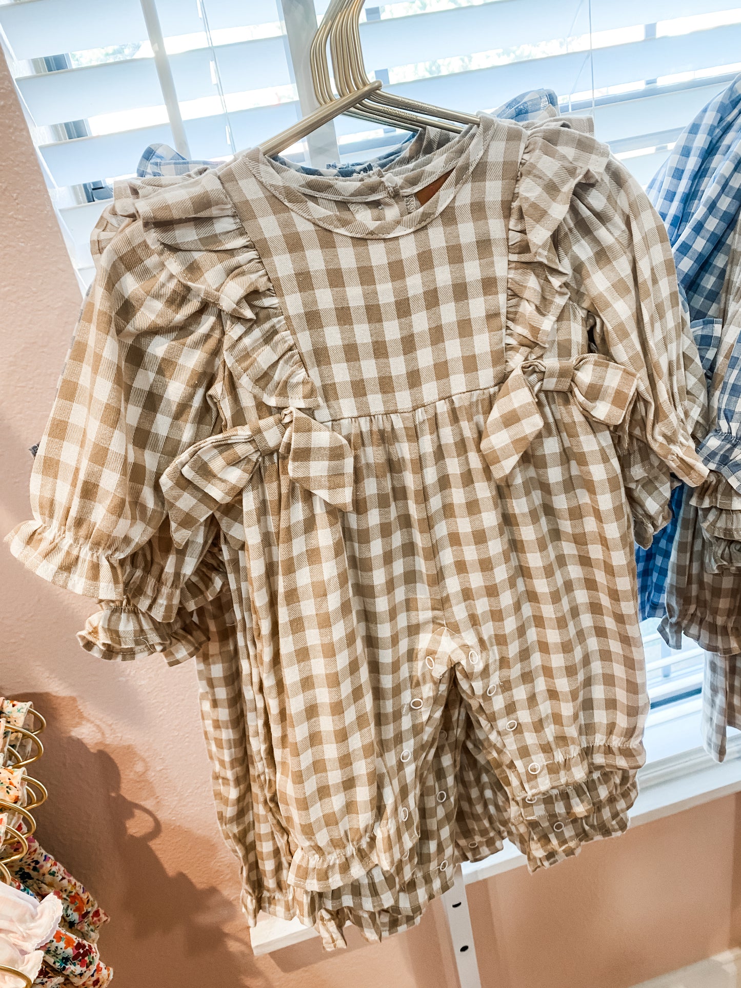Evelyn Romper – Khaki Gingham Baby Girl Outfit