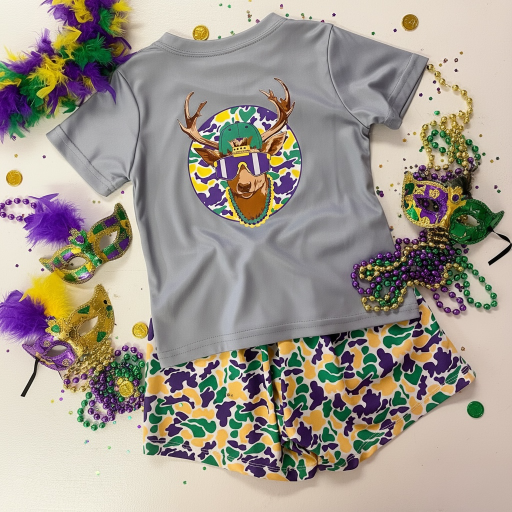 Mardi Gras Camo Deer on Gray Short Sleeve T-Shirt