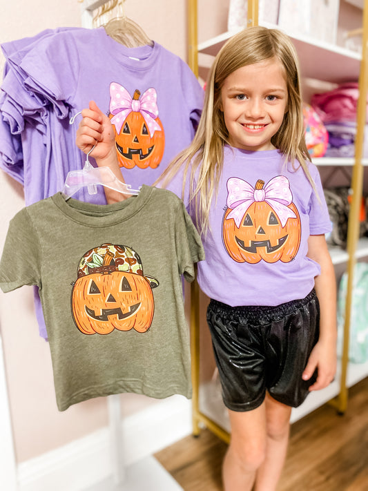 Girls Pink Bow Jack-O’-Lantern Halloween T-Shirt – Purple