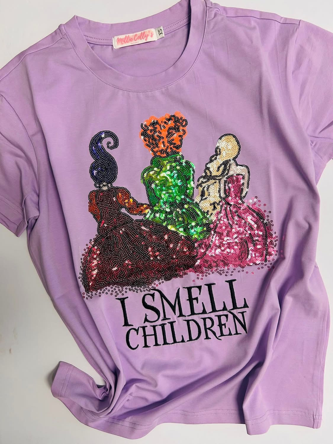 I Smell Children Sequin Witch Trio Tee – Lavender Halloween Shirt - Adult Large