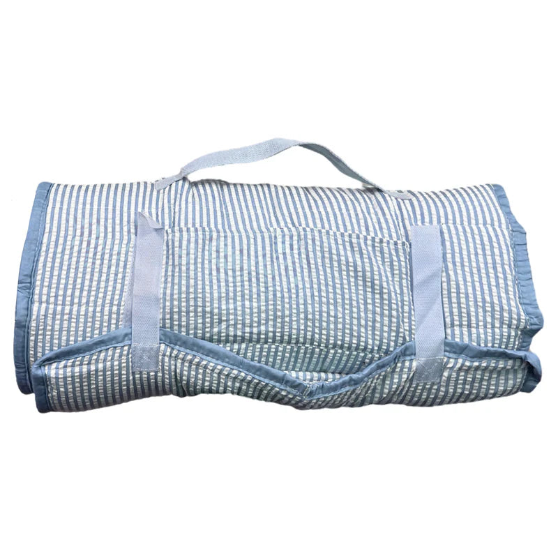 Jane Marie Blue Seersucker Kids Roll-Up Nap Mat with Blanket & Pillow | Toddler Daycare & Preschool Sleeping Mat | Kindergarten Nap Mat | Bossier City, LA