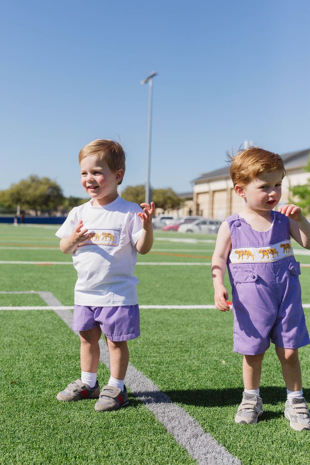 Boys Purple Tiger Smocked Jon Jon – LSU-Inspired Baby & Toddler Game Day Jon Jon | The Prissy Pelican Boutique Bossier City, LA