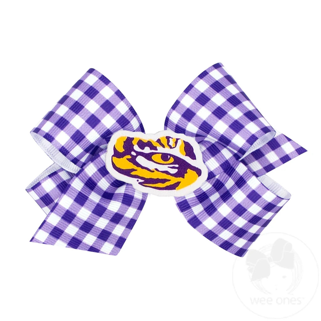 LSU Tigers Purple & White Gingham Hair Bow with Logo Patch – Wee Ones