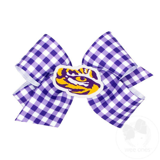LSU Tigers Purple & White Gingham Hair Bow with Logo Patch – Wee Ones