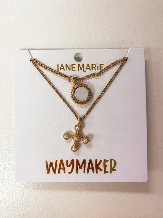 Ruth 2-Layer “Waymaker” Necklace – Gold Curb Chain with Opal Circle & Pearl Cross (16" + 3" Ext)