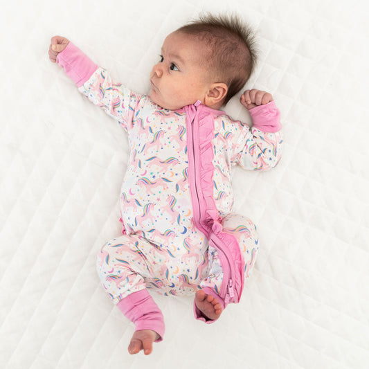 Lavender Unicorns Bamboo Ruffle Convertible Footie